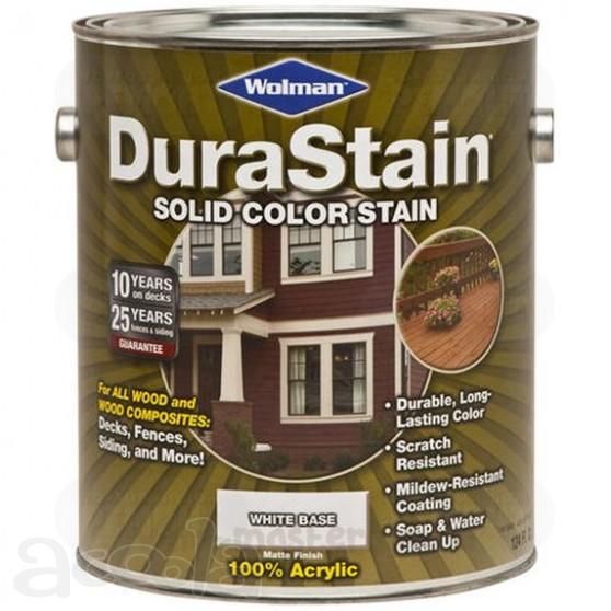 Наружные защитные покрытия  WOLMAN DuraStain Solid Color Stain     Кроющая  защитная  пропитка, усиленные полиуретаном, защищают новое и старое дерево от разрушения УФ, посерения, роста плесени и структурных разрушений, вызванных абсорбцией воды.